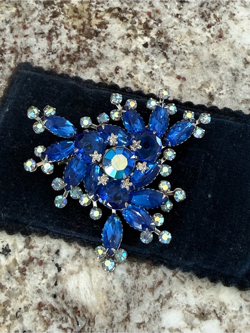 Vintage Blue Cathe Rhinestone and AB Brooch